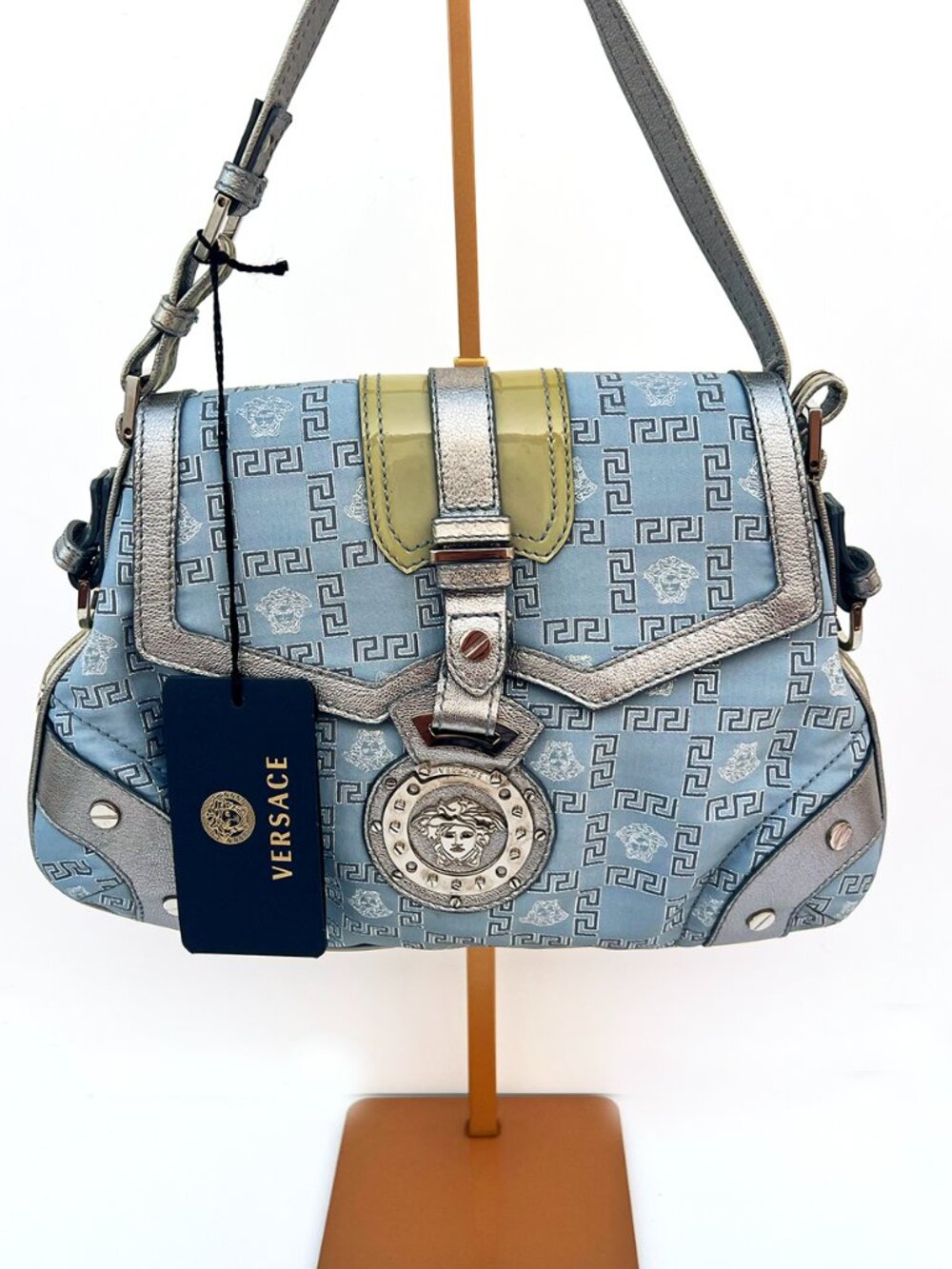 Authentic VERSACE Y2K Ice Blue Monogram Metallic Silver Shoulder Bag Medusa